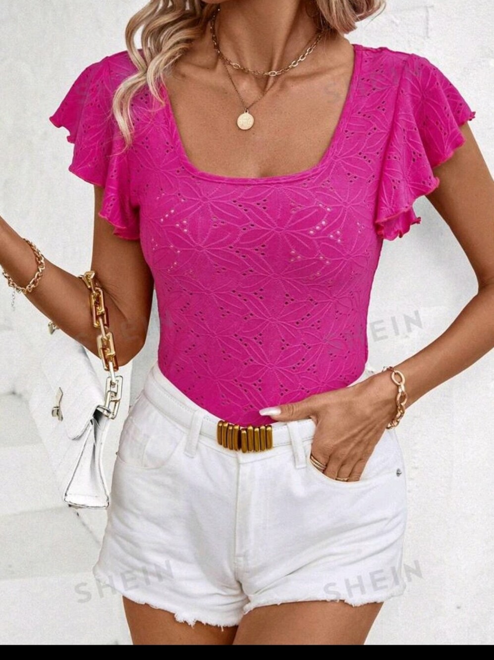 Pink Square Neck Ruffle Sleeve Top